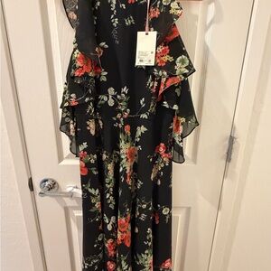 Alex Marie Black Floral Asymmetrical Ruffle Dress